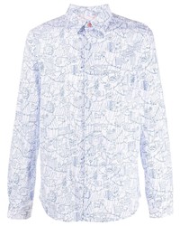 weißes und dunkelblaues bedrucktes Langarmhemd von PS Paul Smith