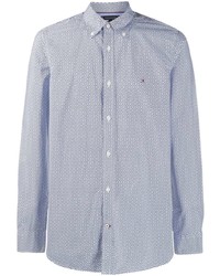 weißes und dunkelblaues bedrucktes Langarmhemd von Tommy Hilfiger