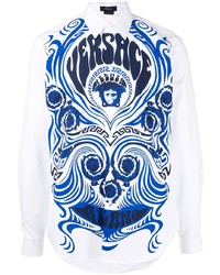 weißes und dunkelblaues bedrucktes Langarmhemd von Versace