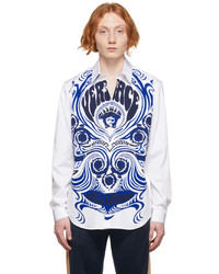 weißes und dunkelblaues bedrucktes Langarmhemd von Versace