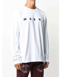 weißes und dunkelblaues bedrucktes Langarmshirt von Marni