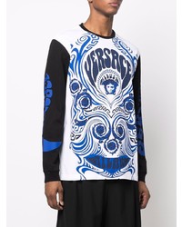 weißes und dunkelblaues bedrucktes Langarmshirt von Versace