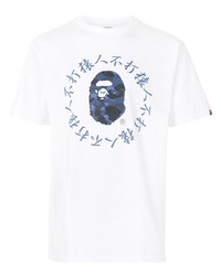 weißes und dunkelblaues bedrucktes T-Shirt mit einem Rundhalsausschnitt von A Bathing Ape