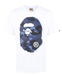 weißes und dunkelblaues bedrucktes T-Shirt mit einem Rundhalsausschnitt von A Bathing Ape