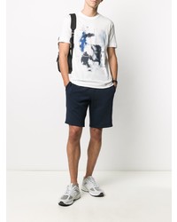 weißes und dunkelblaues bedrucktes T-Shirt mit einem Rundhalsausschnitt von Emporio Armani