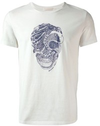weißes und dunkelblaues bedrucktes T-Shirt mit einem Rundhalsausschnitt von Alexander McQueen