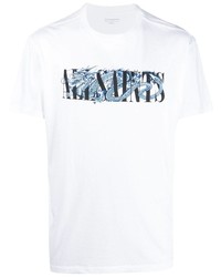 weißes und dunkelblaues bedrucktes T-Shirt mit einem Rundhalsausschnitt von AllSaints