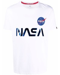 weißes und dunkelblaues bedrucktes T-Shirt mit einem Rundhalsausschnitt von Alpha Industries