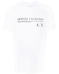 weißes und dunkelblaues bedrucktes T-Shirt mit einem Rundhalsausschnitt von Armani Exchange