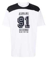 weißes und dunkelblaues bedrucktes T-Shirt mit einem Rundhalsausschnitt von Armani Exchange