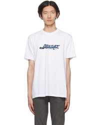 weißes und dunkelblaues bedrucktes T-Shirt mit einem Rundhalsausschnitt von Awake NY