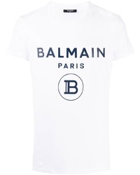 weißes und dunkelblaues bedrucktes T-Shirt mit einem Rundhalsausschnitt von Balmain