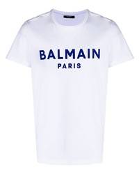 weißes und dunkelblaues bedrucktes T-Shirt mit einem Rundhalsausschnitt von Balmain