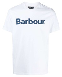 weißes und dunkelblaues bedrucktes T-Shirt mit einem Rundhalsausschnitt von Barbour