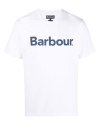 weißes und dunkelblaues bedrucktes T-Shirt mit einem Rundhalsausschnitt von Barbour
