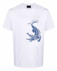 weißes und dunkelblaues bedrucktes T-Shirt mit einem Rundhalsausschnitt von Billionaire