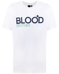weißes und dunkelblaues bedrucktes T-Shirt mit einem Rundhalsausschnitt von Blood Brother