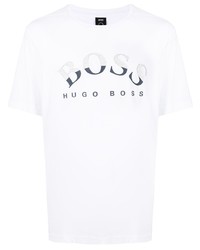 weißes und dunkelblaues bedrucktes T-Shirt mit einem Rundhalsausschnitt von BOSS