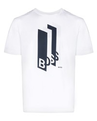weißes und dunkelblaues bedrucktes T-Shirt mit einem Rundhalsausschnitt von BOSS
