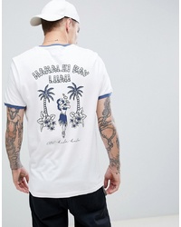 weißes und dunkelblaues bedrucktes T-Shirt mit einem Rundhalsausschnitt von Brooklyn Supply Co.