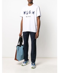 weißes und dunkelblaues bedrucktes T-Shirt mit einem Rundhalsausschnitt von MSGM