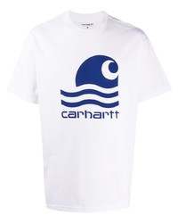 weißes und dunkelblaues bedrucktes T-Shirt mit einem Rundhalsausschnitt von Carhartt WIP