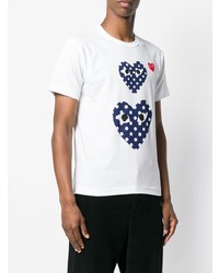 weißes und dunkelblaues bedrucktes T-Shirt mit einem Rundhalsausschnitt von Comme Des Garcons Play