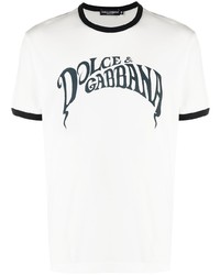 weißes und dunkelblaues bedrucktes T-Shirt mit einem Rundhalsausschnitt von Dolce & Gabbana