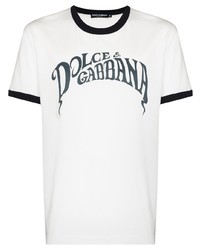 weißes und dunkelblaues bedrucktes T-Shirt mit einem Rundhalsausschnitt von Dolce & Gabbana