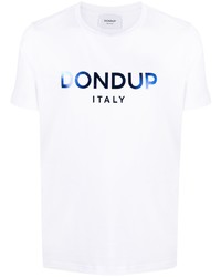 weißes und dunkelblaues bedrucktes T-Shirt mit einem Rundhalsausschnitt von Dondup