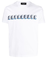 weißes und dunkelblaues bedrucktes T-Shirt mit einem Rundhalsausschnitt von DSQUARED2
