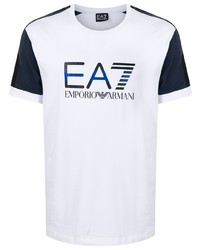 weißes und dunkelblaues bedrucktes T-Shirt mit einem Rundhalsausschnitt von Ea7 Emporio Armani