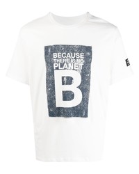 weißes und dunkelblaues bedrucktes T-Shirt mit einem Rundhalsausschnitt von ECOALF