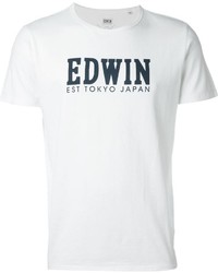 weißes und dunkelblaues bedrucktes T-Shirt mit einem Rundhalsausschnitt von Edwin