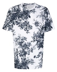 weißes und dunkelblaues bedrucktes T-Shirt mit einem Rundhalsausschnitt von Erdem