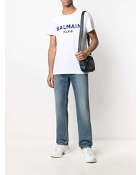 weißes und dunkelblaues bedrucktes T-Shirt mit einem Rundhalsausschnitt von Balmain