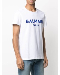 weißes und dunkelblaues bedrucktes T-Shirt mit einem Rundhalsausschnitt von Balmain