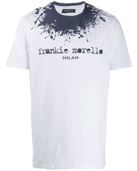 weißes und dunkelblaues bedrucktes T-Shirt mit einem Rundhalsausschnitt von Frankie Morello