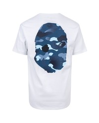 weißes und dunkelblaues bedrucktes T-Shirt mit einem Rundhalsausschnitt von A Bathing Ape