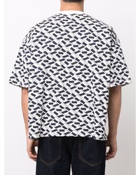 weißes und dunkelblaues bedrucktes T-Shirt mit einem Rundhalsausschnitt von Sunnei