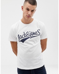 weißes und dunkelblaues bedrucktes T-Shirt mit einem Rundhalsausschnitt von Jack & Jones