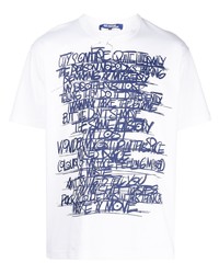 weißes und dunkelblaues bedrucktes T-Shirt mit einem Rundhalsausschnitt von Junya Watanabe