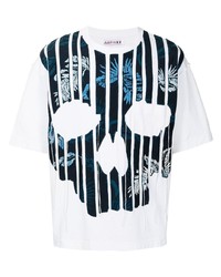 weißes und dunkelblaues bedrucktes T-Shirt mit einem Rundhalsausschnitt von JUST IN XX