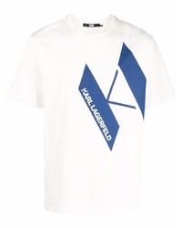 weißes und dunkelblaues bedrucktes T-Shirt mit einem Rundhalsausschnitt von Karl Lagerfeld