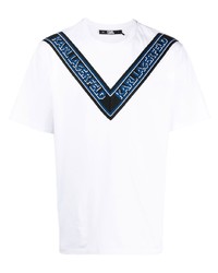 weißes und dunkelblaues bedrucktes T-Shirt mit einem Rundhalsausschnitt von Karl Lagerfeld