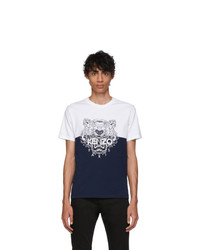 weißes und dunkelblaues bedrucktes T-Shirt mit einem Rundhalsausschnitt von Kenzo