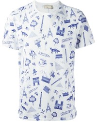 weißes und dunkelblaues bedrucktes T-Shirt mit einem Rundhalsausschnitt von Kitsune