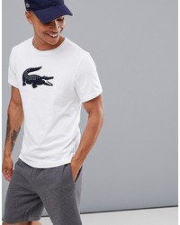 weißes und dunkelblaues bedrucktes T-Shirt mit einem Rundhalsausschnitt von Lacoste Sport