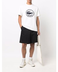 weißes und dunkelblaues bedrucktes T-Shirt mit einem Rundhalsausschnitt von Lacoste