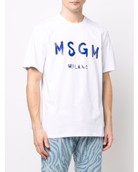 weißes und dunkelblaues bedrucktes T-Shirt mit einem Rundhalsausschnitt von MSGM